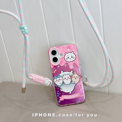Japanese Cartoon Phone Back Clip with Phone Lanyard | Chiikawa Pink & Mint Green - for All Smart Phones