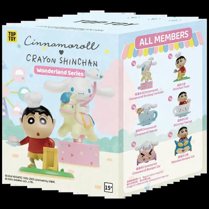 TOPTOY Cinnamoroll x Crayon Shin-chan Wonderland Series single blind box packaging with the all-members design list on the back