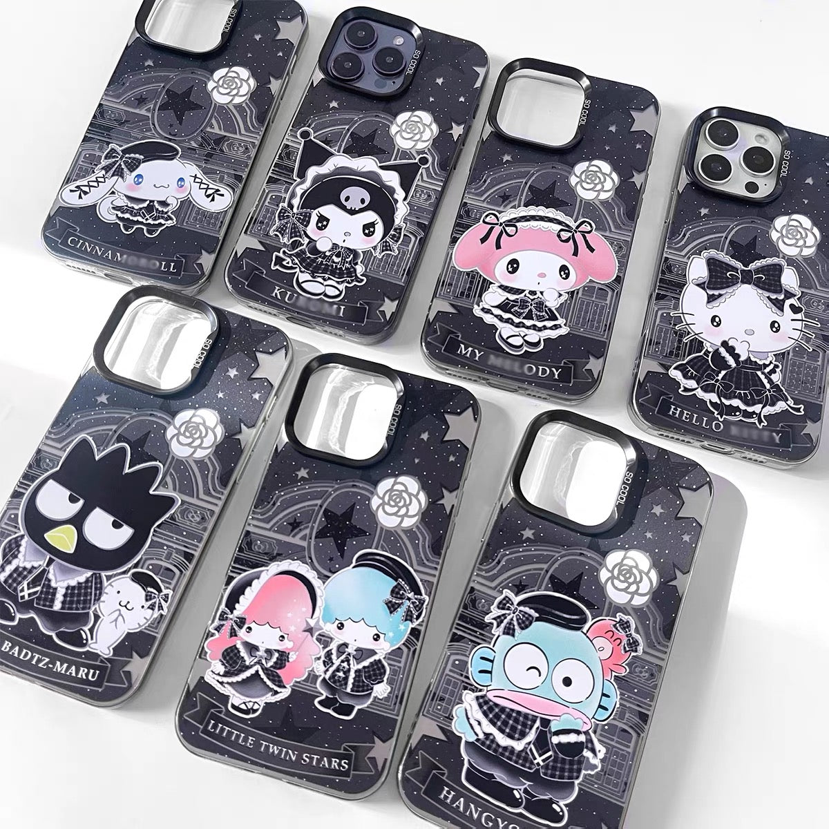Japanese Cartoon ChiiKawa Black Winter Classic Dress Up Laser Case | Hello Kitty Little Twin Stars My Melody Kuromi Cinnamoroll Hangyodon Bad Badtz Maru 7 Styles - iPhone Case 11 12 13 14 15 16 16e 17 17e Pro Promax 