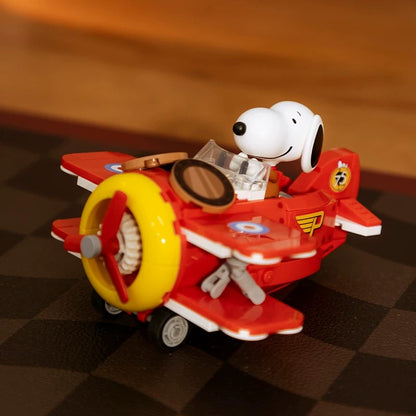Pan Tasy x Peanut Go to Where Series | Biplane School Bus Steam Boat Roadster - Lovely Dog and Yellow Birds Building Blocks Toy Collections