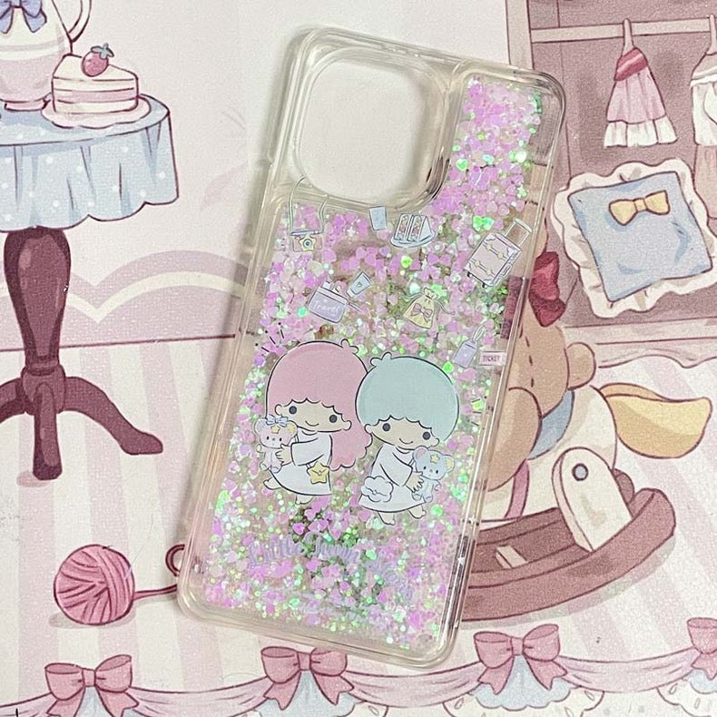 Japanese Cartoon Little Twin Stars with bears -  Silver Pink Glitter QuickSand iPhone Case 6 7 8 PLUS SE2 XS XR X 11 12 13 14 15 Pro Promax 12mini 13mini