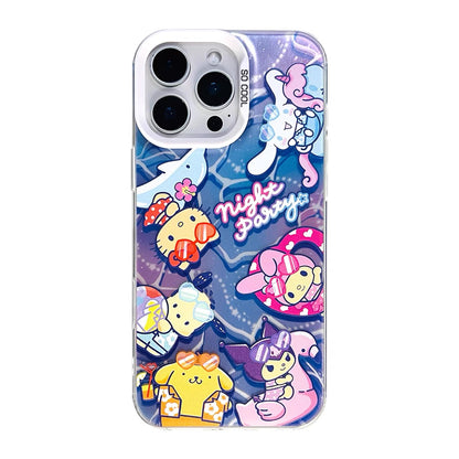 Japanese Cartoon Sanrio Summer Night Party Laser Case | Hello Kitty My Melody Kuromi Cinnamoroll Pompompurin Pochacco - iPhone Case 11 12 13 14 15 16 16e 17 17e 18 Pro Promax