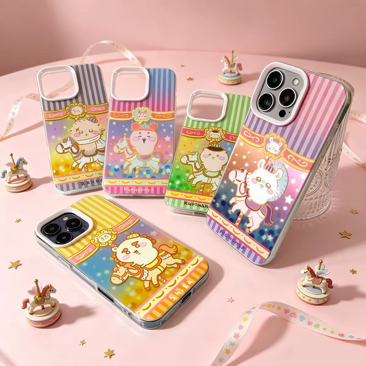 Japanese Cartoon ChiiKawa Go Round Laser Case | Merry Go Round with Momonga Kurimanju Rakko Shisa Crab - iPhone Case 11 12 13 14 15 16 16e 17 17e Pro Promax