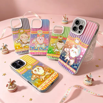 Japanese Cartoon ChiiKawa Go Round Laser Case | Merry Go Round with Momonga Kurimanju Rakko Shisa Crab - iPhone Case 11 12 13 14 15 16 16e 17 17e Pro Promax
