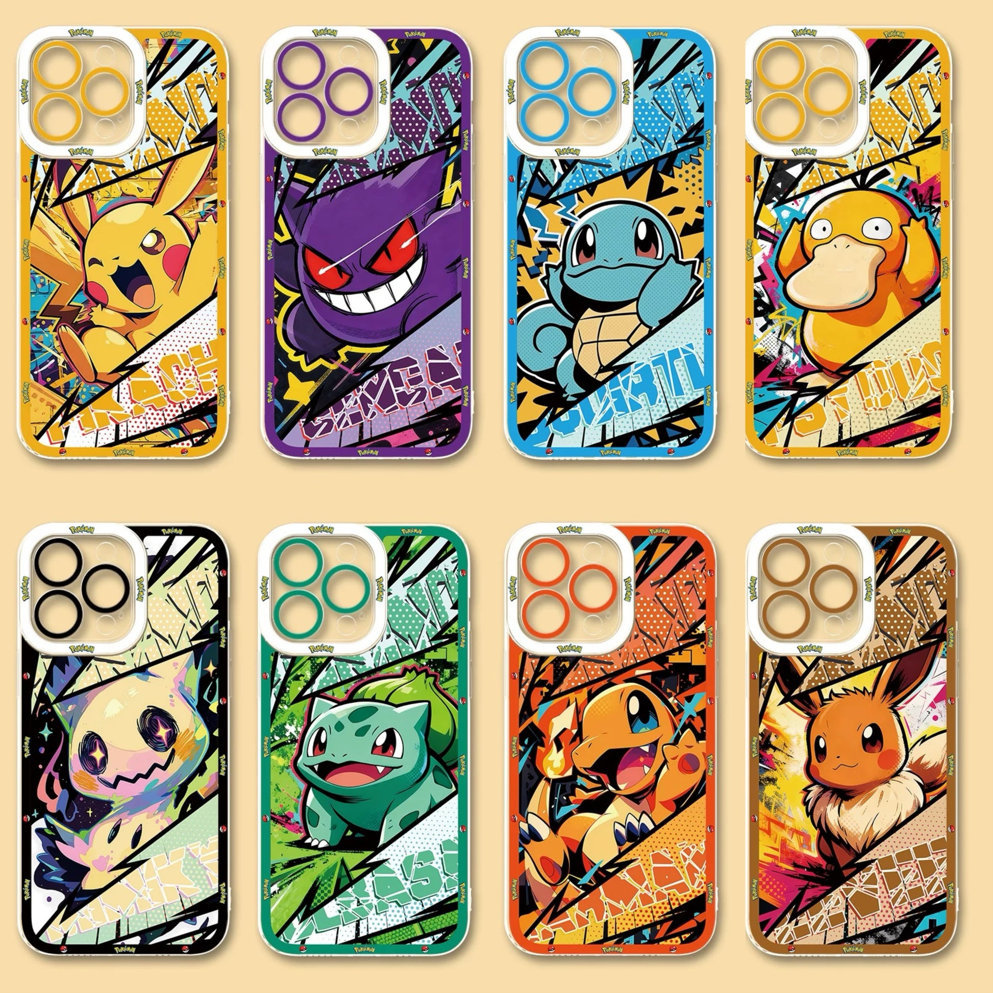 Japan Cartoon Pokemon Postal Street Style | Pikachu Gengar Squirtle Psyduck Mimikyu Bulbasaur Charmander Eevee - iPhone Case PLUS SE2 XS XR X 11 12 13 14 15 16 16e 17 17e Pro Promax 12mini 13mini