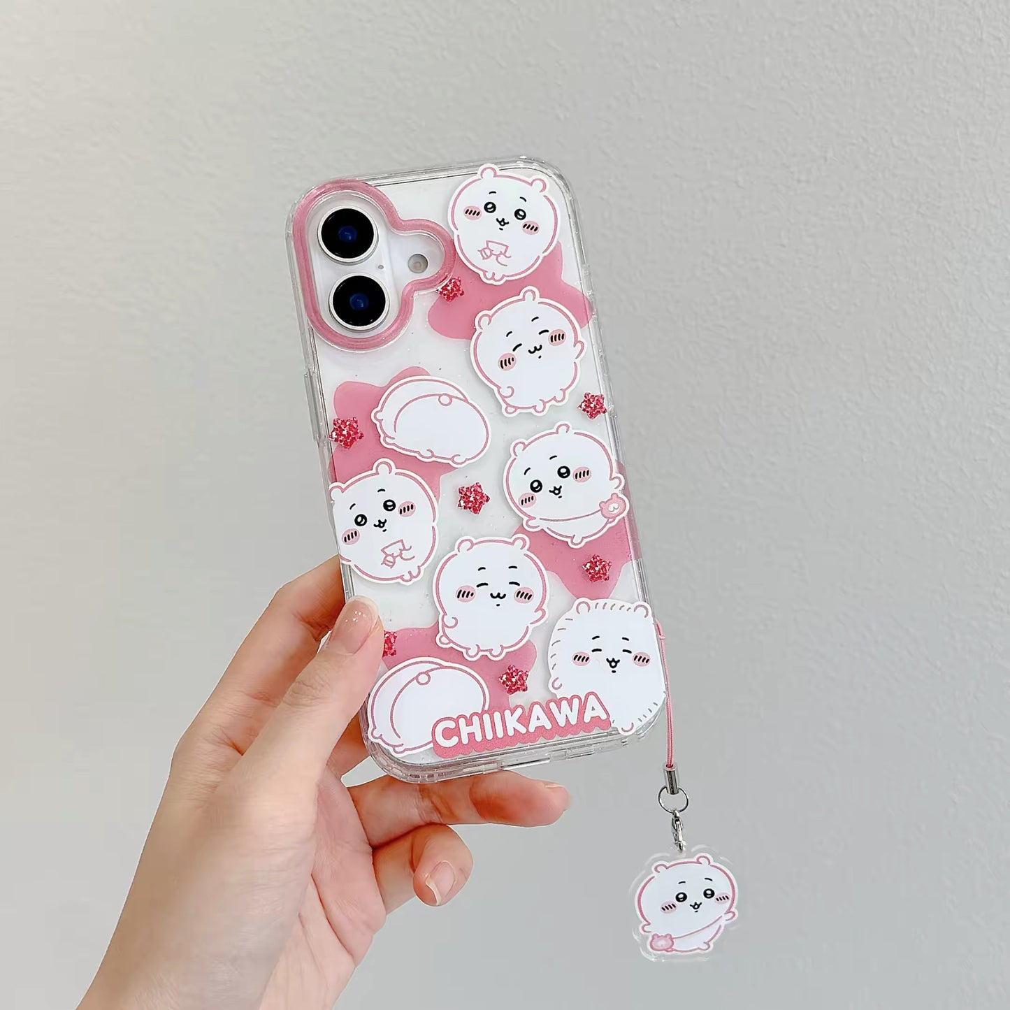 Japanese Cartoon ChiiKawa Gittler Colour Clear Case with Phone Strap | Full Emo Chiikawa Hachiware Usagi Momonga - iPhone Case Plus SE2 11 12 13 14 15 16 16e 17 17e Pro Promax 12mini 13mini