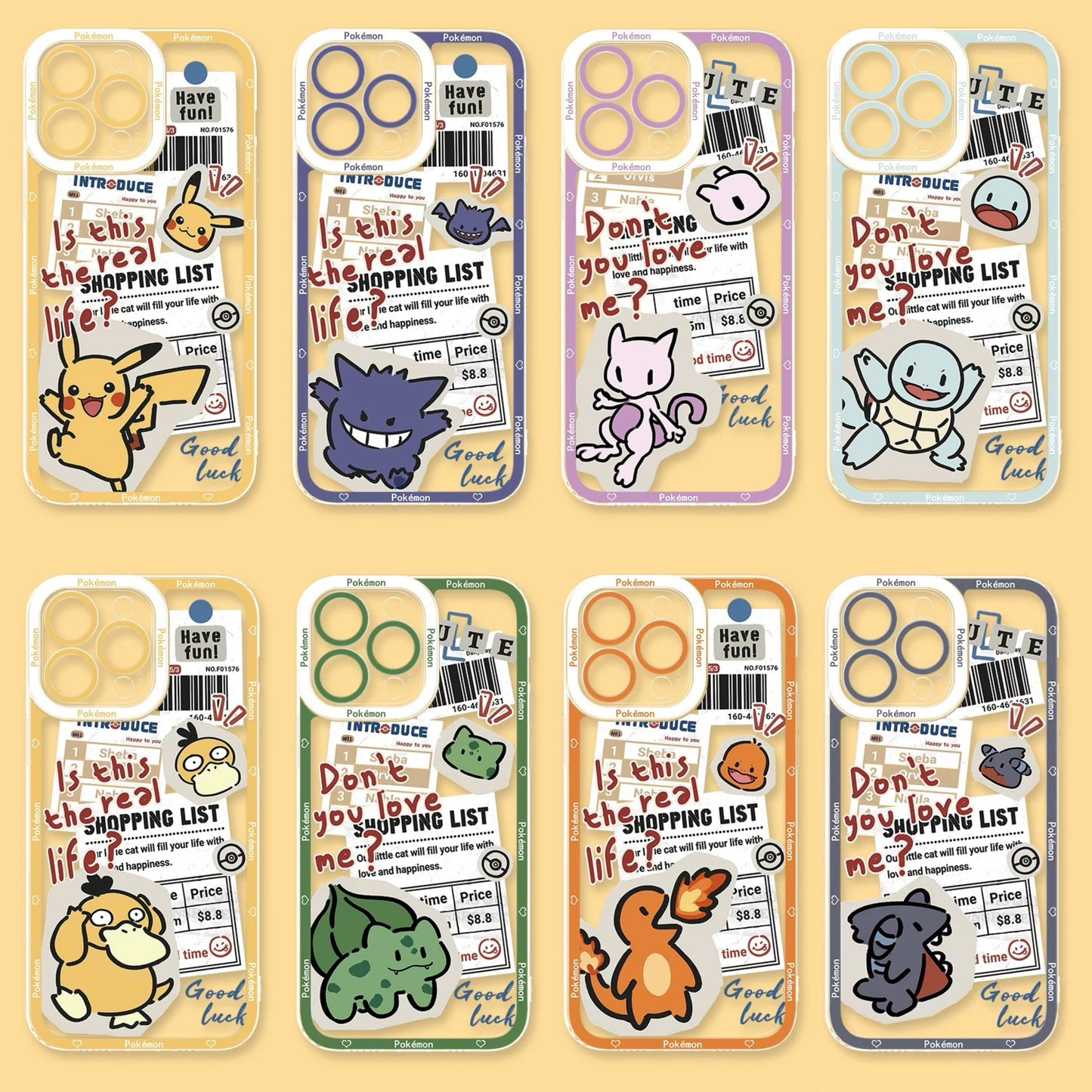 Japan Cartoon Have Fun Cute Memo Version | Pikachu Gengar Mewtwo Squirtle Psyduck Bulbasaur Charmander Gible - iPhone Case PLUS SE2 XS XR X 11 12 13 14 15 16 16e 17 17e Pro Promax 12mini 13mini