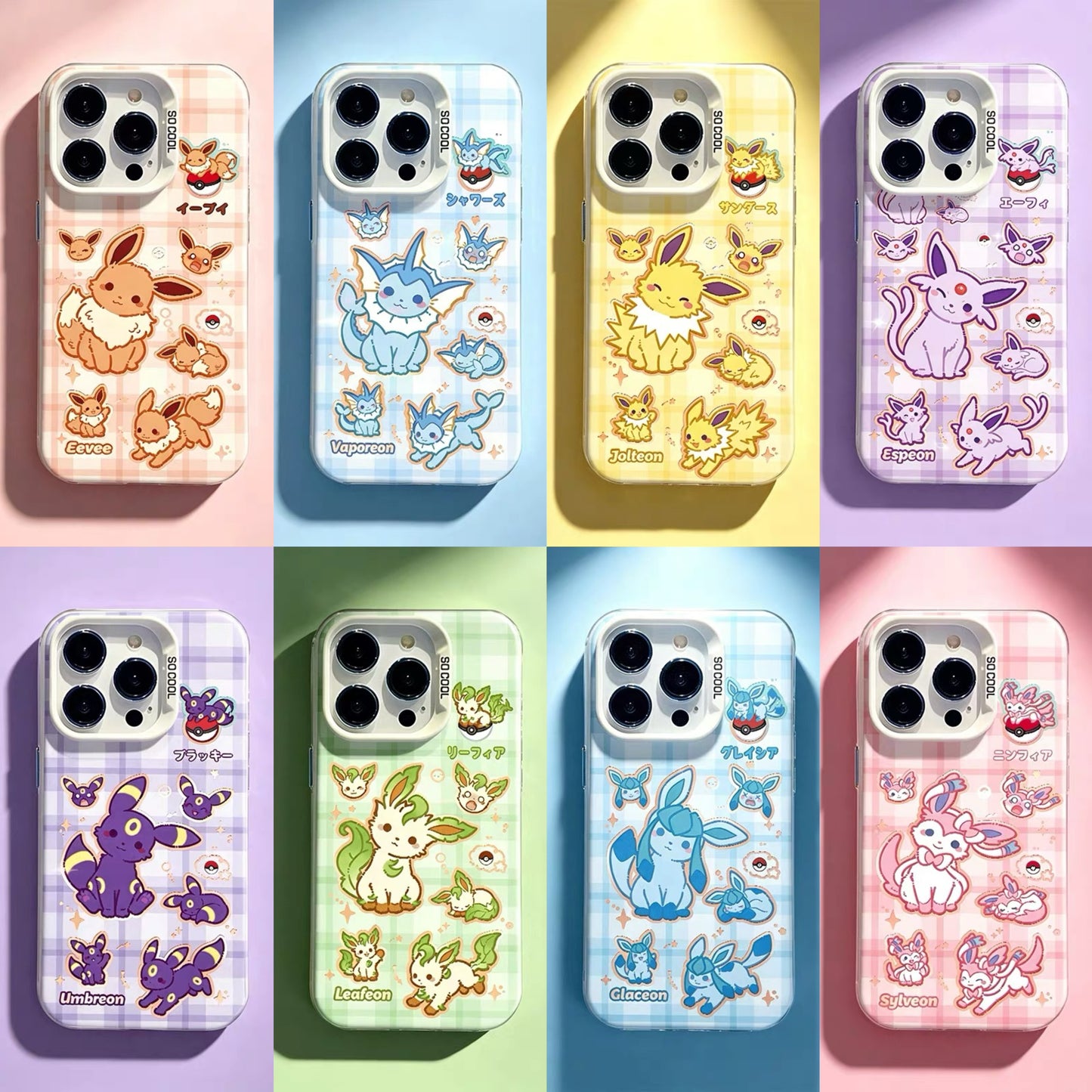 Japanese Cartoon Pokemon Matt & Silver Case Eevee Evolution Cute Emo Version | Eevee Vaporeon Jolteon Espeon Umbreon Leafeon Glaceon Sylveon 8 Styles - iPhone Case PLUS SE2 XS XR X 11 12 13 14 15 16 16e 17 17e Pro Promax 12mini 13mini- Phone Case Samsung Galaxy S26 S25 S24 S23 S22 S21 FE Ultra Edge