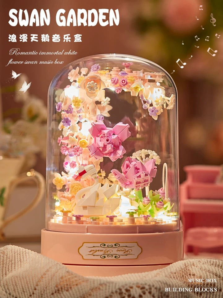 DIY handmade Mini Block Building Block with Music Box | Swan Garden - with LED Lights Valentine Wedding Gift