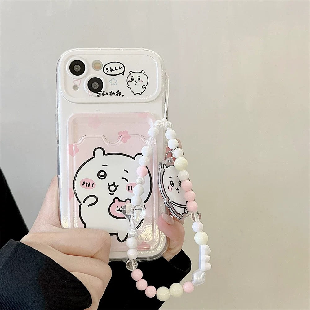 Japanese Cartoon Chiikawa | ChiiKawa Hachiware Usagi Happy Outing with Card Holder & Handle Strap - Phone Case Samsung Galaxy S25 S24 S23 S22 S21 FE Ultra Edge