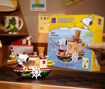 Pan Tasy x Peanut Go to Where Series | Biplane School Bus Steam Boat Roadster - Lovely Dog and Yellow Birds Building Blocks Toy Collections