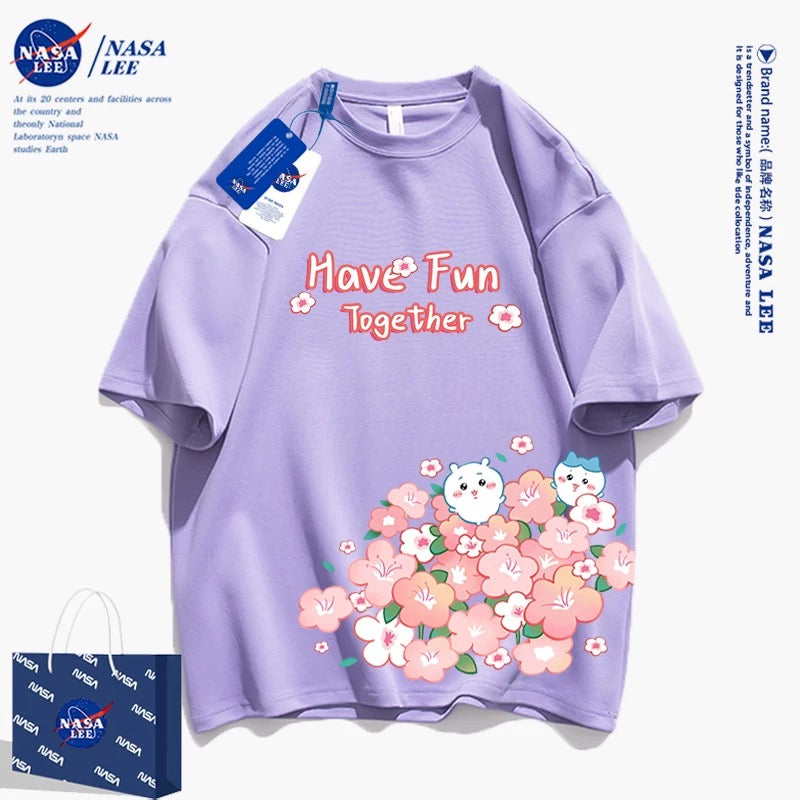 Japanese Cartoon ChiiKawa Casual Style T-Shirt Series | Chiikawa Hachiware Have Fun with Flower 2 - Kawaii Fashion Items
