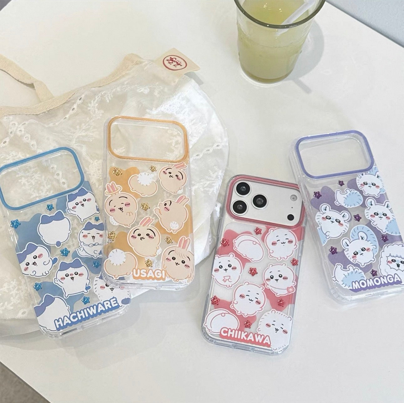 Japanese Cartoon ChiiKawa Gittler Colour Clear Case with Phone Strap | Full Emo Chiikawa Hachiware Usagi Momonga - iPhone Case Plus SE2 11 12 13 14 15 16 16e 17 17e Pro Promax 12mini 13mini