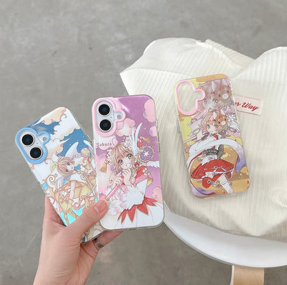 CardCaptorSakura Retro Comic Laser Case | Part 1 Dancing with Magic Wand - iPhone Case PLUS SE2 XS XR X 11 12 13 14 15 16 16e 17 17e Pro Promax 12mini 13mini