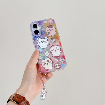 Japanese Cartoon ChiiKawa Laser Phone Case with Strap | Rainbow Galaxy with ChiiKawa Hachiware Usagi Momonga Rakko Kurimanju Shisa Furuhonya - iPhone Case PLUS SE2 11 12 13 14 15 16 16e 17 17e Pro Promax 12mini 13mini