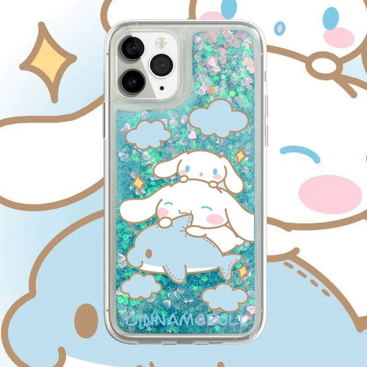 Japanese Cartoon Cinnamoroll with Dolphin -  Blue Glitter QuickSand iPhone Case 6 7 8 PLUS SE2 XS XR X 11 12 13 14 15 Pro Promax 12mini 13mini