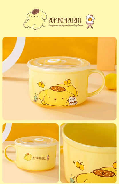 Sanrio Ceramic Bowl with Plastic Cover | Hello Kitty My Melody Kuromi Cinnamoroll Pompompurin Pochacco - Rice Noodles Bowl Food Box
