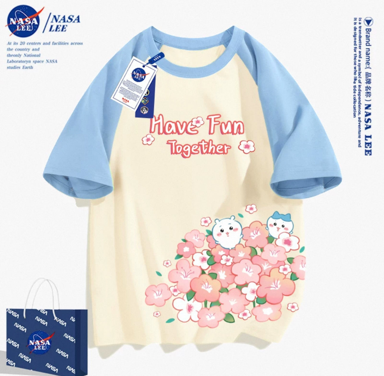 Japanese Cartoon ChiiKawa Casual Style T-Shirt Series | Chiikawa Hachiware Have Fun with Flower - Kawaii Fashion Items