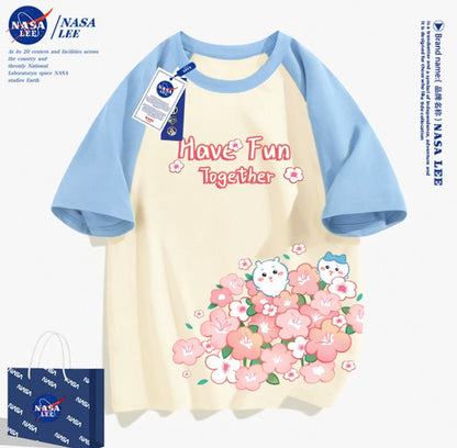 Japanese Cartoon ChiiKawa Casual Style T-Shirt Series | Chiikawa Hachiware Have Fun with Flower - Kawaii Fashion Items