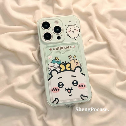 Japanese Cartoon Chiikawa | ChiiKawa Hachiware Usagi Happy Good with Card Holder & Handle Strap - iPhone Case 11 12 13 14 15 16 17 Pro Promax
