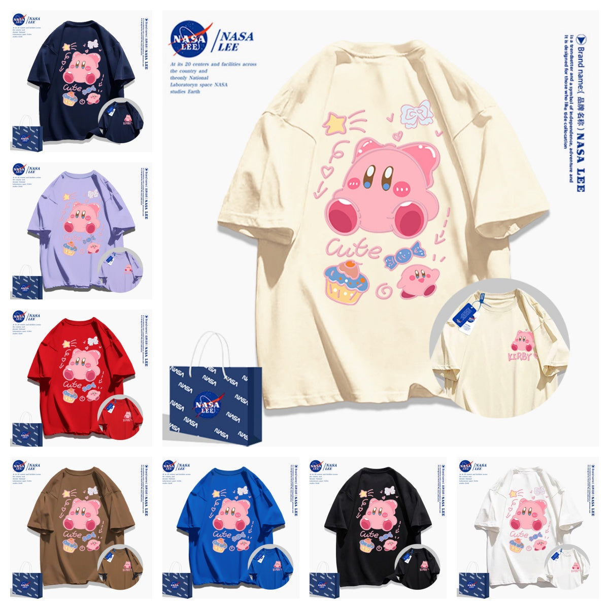 Japanese Cartoon Kirby Starkabi Casual Style T-Shirt Series | Cute Kirby Front & Back - Kawaii Fashion Items