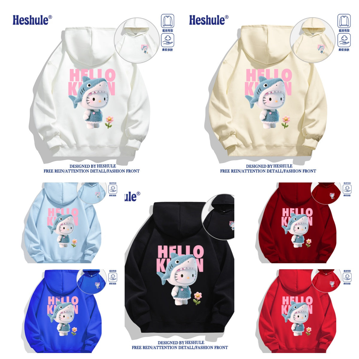 Japanese Cartoon Hello Kitty Casual Style Hoodie Series | 3D Shark Kitty Front & Back - Kawaii Fashion Items