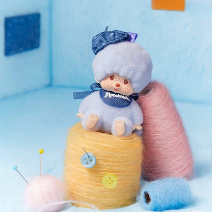 Monchhichi Macarons blind box plush pendant Denim Blue design with denim bow and bib