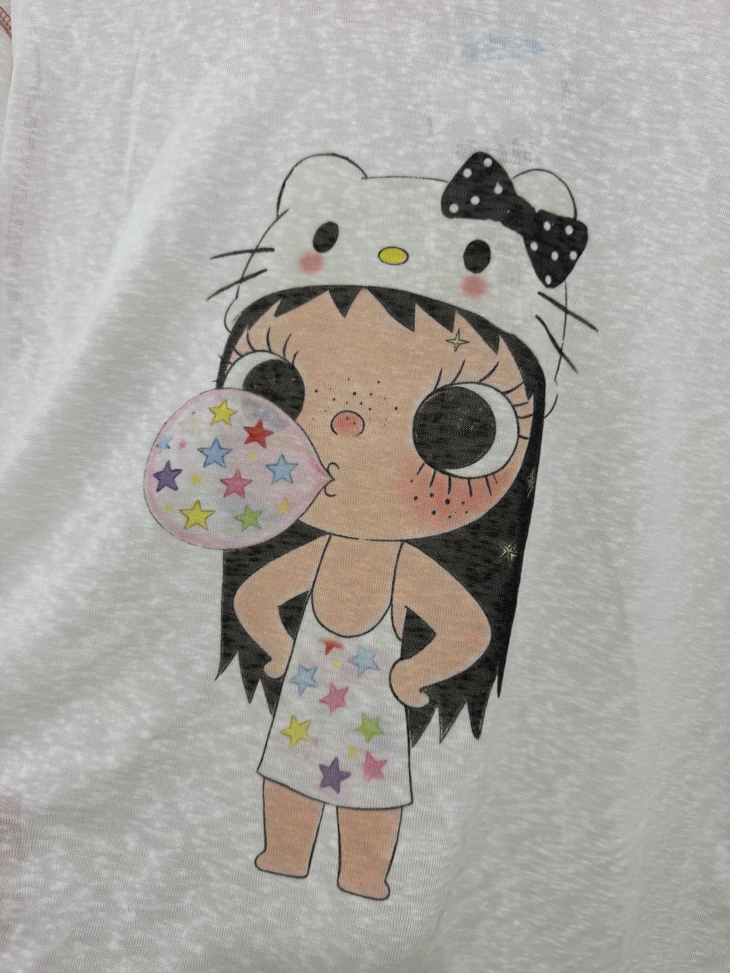 Korean Fashion Artists Style Long-sleeved Sun Protection T-Shirt Series | Little Girl Yuk with Kitty Hat and Star Bubble - Kawaii Fashion Items