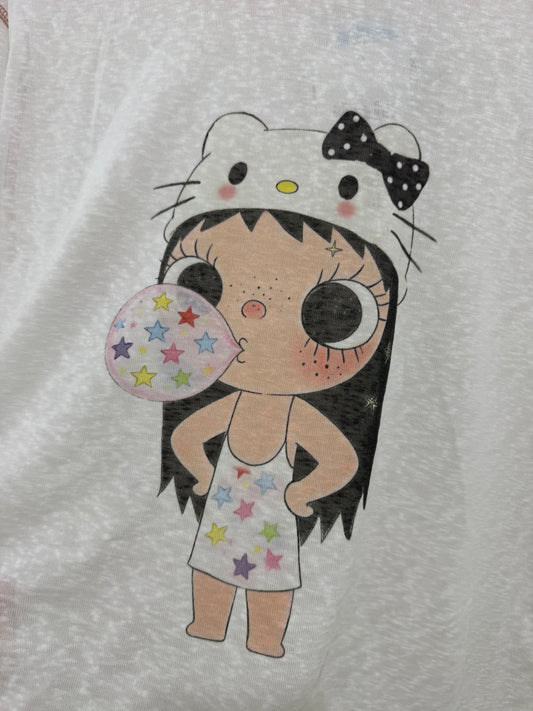 Korean Fashion Artists Style Long-sleeved Sun Protection T-Shirt Series | Little Girl Yuk with Kitty Hat and Star Bubble - Kawaii Fashion Items