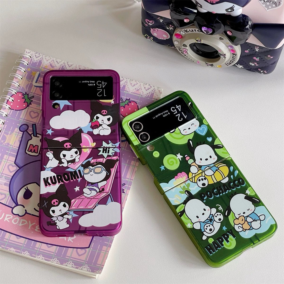 Japanese Cartoon | Plating Purple Kuromi Green Pochacco - Phone Case Samsung Galaxy Z Flip 3 4 5 W23 Filp