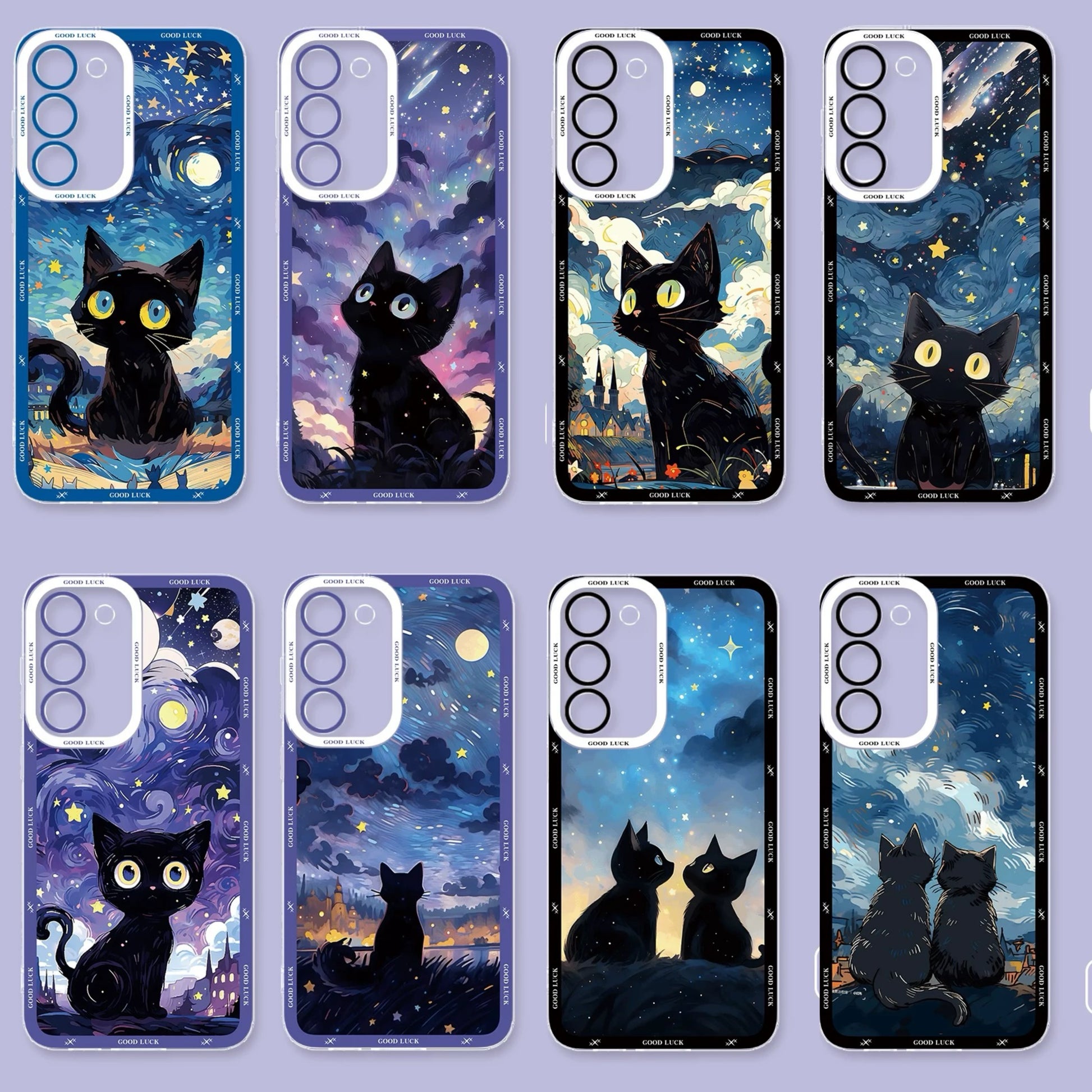 Black Cat with Starry Sky Oil Drawing Style | 8 Styles - Phone Case Samsung Galaxy S26 S25 S24 S23 S22 S21 FE Ultra Edge