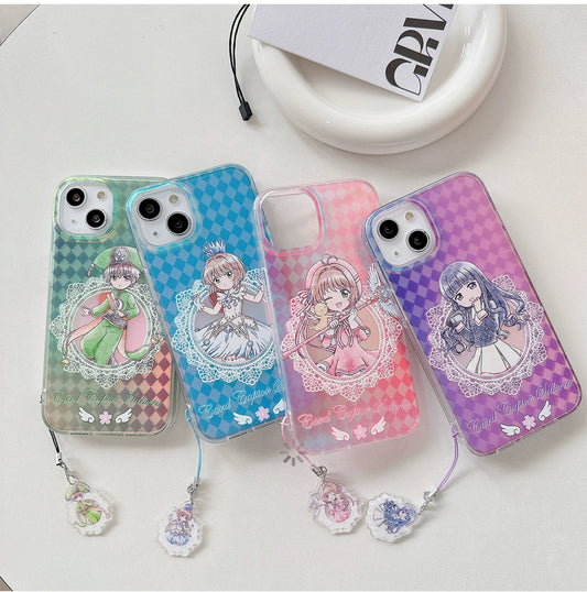 Japanese Cartoon CardCaptorSakura Phone Case with Strap | Laser Sakura Syaoran Tomoyo - iPhone Case PLUS SE2 XS XR X 11 12 13 14 15 Pro Promax 12mini 13mini