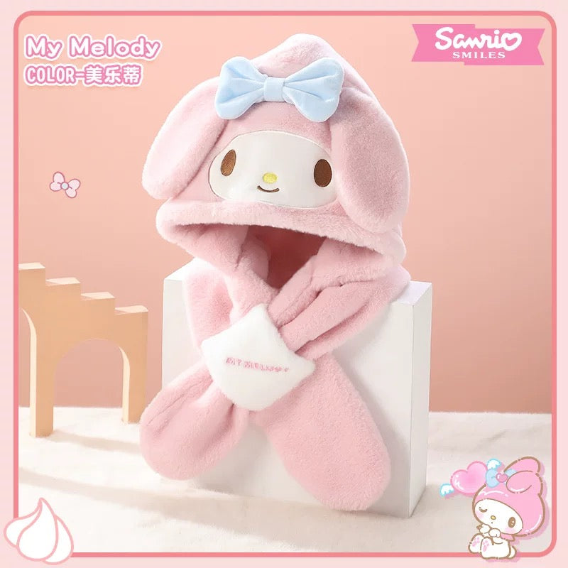 Sanrio Hat with Scarf Hat | Hello Kitty My Melody Kuromi Cinnamoroll Pochacco Hangyodon - Winter Warm Accessory Outfits