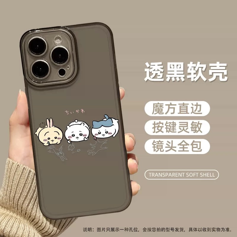 Japanese Cartoon ChiiKawa Black Clear Case | Chiikawa Hachiware Usagi Drawing on Floor - iPhone Case PLUS SE2 XS XR X 11 12 13 14 15 16 16e 17 17e Pro Promax 12mini 13mini