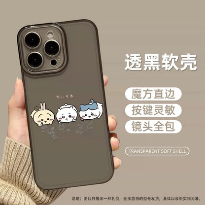 Japanese Cartoon ChiiKawa Black Clear Case | Chiikawa Hachiware Usagi Drawing on Floor - iPhone Case PLUS SE2 XS XR X 11 12 13 14 15 16 16e 17 17e Pro Promax 12mini 13mini