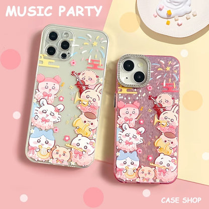 Japanese Cartoon ChiiKawa | Music Party with Firework Chiikawa Hachiware Usagi Momonga Kurimanju Rakko Shisa Crab Clear Laser - iPhone Case 11 12 13 14 15 16 Pro Promax