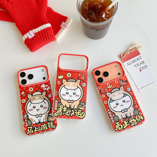 Japanese Cartoon ChiiKawa Laser Phone Case with Strap | Red Horse ChiiKawa Hachiware Usagi - iPhone Case PLUS SE2 11 12 13 14 15 16 16e 17 17e Pro Promax 12mini 13mini