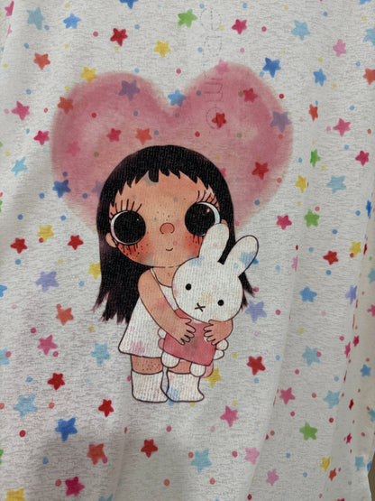 Korean Fashion Cute Animals Style Long-sleeved Sun Protection T-Shirt Series | Little Girl Yuk with Rabbit and Rainbow Stars & Heart - Kawaii Fashion Items