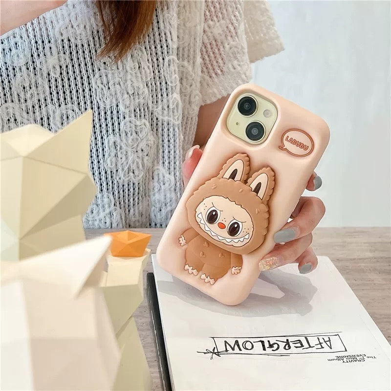 Cute Cartoon Labubu Zimomo Silicone with Stand | Brown Pink - iPhone Case 7 8 6 XR XS X 11 12 13 14 15 Pro Plus Promax