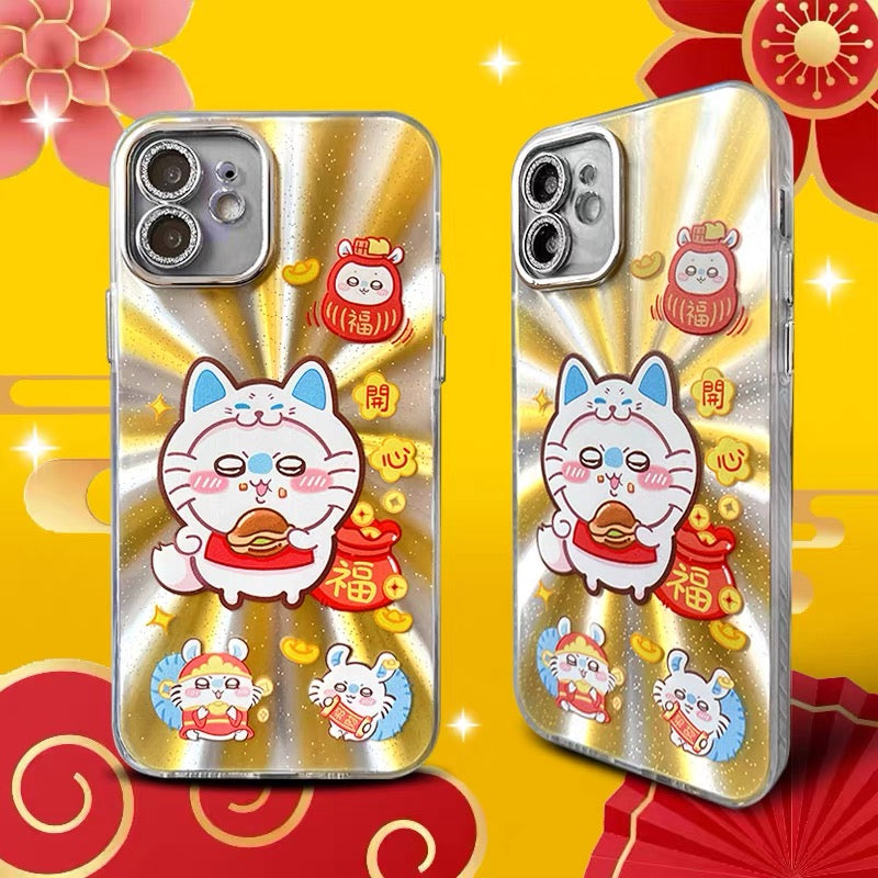 Japanese Cartoon ChiiKawa Folklore Kitsune Gold Laser Case | ChiiKawa Hachiware Usagi Momonga - iPhone Case 11 12 13 14 15 16 16e 17 17e Pro Promax