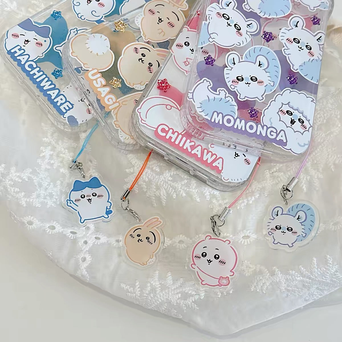 Japanese Cartoon ChiiKawa Gittler Colour Clear Case with Phone Strap | Full Emo Chiikawa Hachiware Usagi Momonga - iPhone Case Plus SE2 11 12 13 14 15 16 16e 17 17e Pro Promax 12mini 13mini
