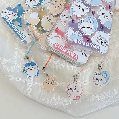 Japanese Cartoon ChiiKawa Gittler Colour Clear Case with Phone Strap | Full Emo Chiikawa Hachiware Usagi Momonga - iPhone Case Plus SE2 11 12 13 14 15 16 16e 17 17e Pro Promax 12mini 13mini