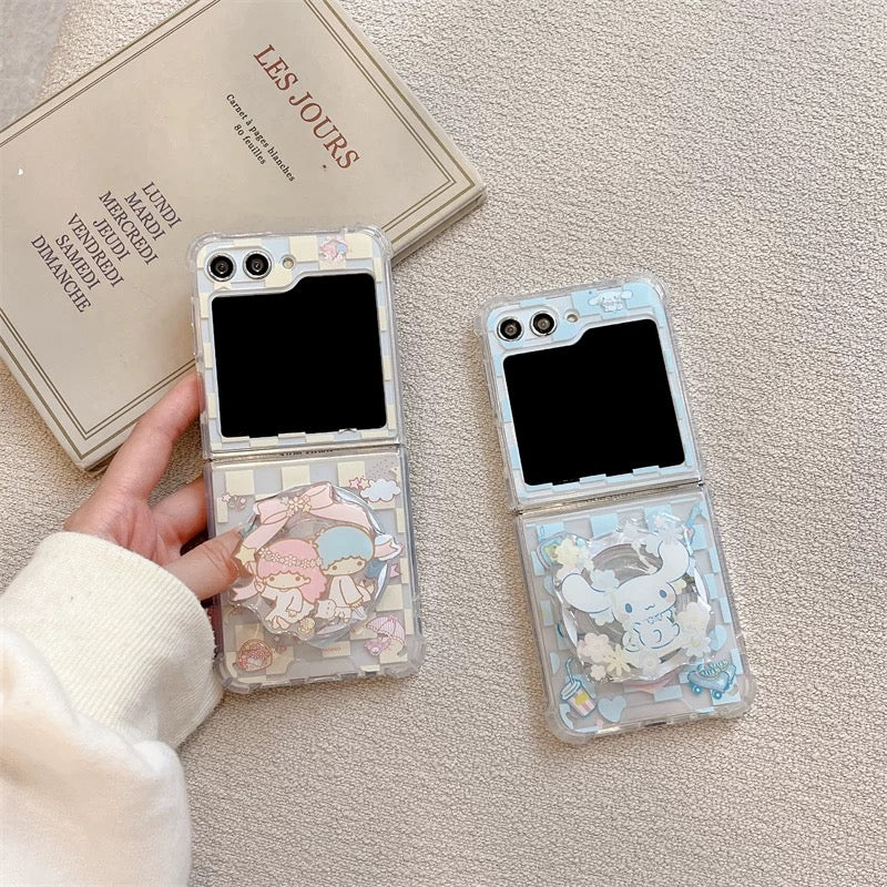 Cute Cartoon Case with Phone Stand | Checkered Yellow LittleTwinStars Blue Cinnamoroll - Phone Case Samsung Galaxy Z Flip 3 4 5 6 W24 W23
