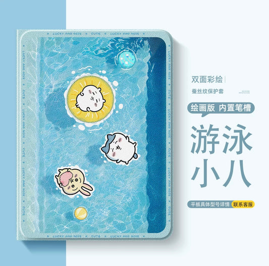 Japanese Cartoon ChiiKawa 360 Swivel Silicone iPad Case | Chiikawa Hachiware Usagi Swimming Pool - iPad Mini 4,5,6/ iPad Air 4/ iPad Pro