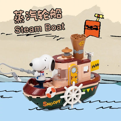 Pan Tasy x Peanut Go to Where Series | Biplane School Bus Steam Boat Roadster - Lovely Dog and Yellow Birds Building Blocks Toy Collections