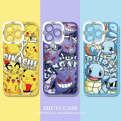 Japan Cartoon Pokemon All Drawing Version | Pikachu Gengar Squirtle Snoriax Psyduck Bulbasaur - iPhone Case PLUS SE2 XS XR X 11 12 13 14 15 16 16e 17 17e Pro Promax 12mini 13mini