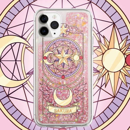 Japanese Anime CardCaptorSakura Sakura Card- Pink Heart Glitter QuickSand iPhone Case 6 7 8 PLUS SE2 XS XR X 11 12 13 14 15 Pro Promax 12mini 13mini