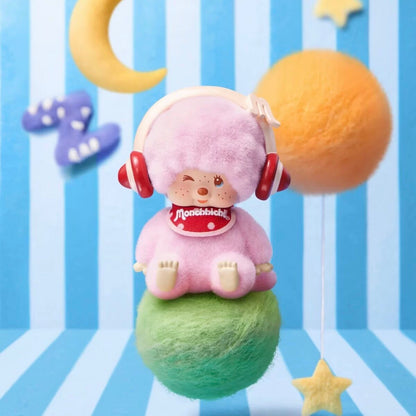 Monchhichi Macarons blind box plush pendant Light Berry Pink design with red headphones