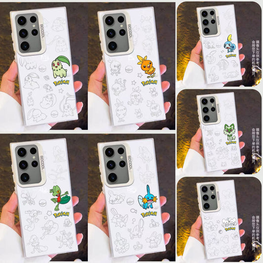 Japanese Cartoon Pokemon Matt & Silver Case Part5 | Chikorita Treecko Torchic Mudkip Sobble Sprigatito Maushold 7 Styles - Phone Case Samsung Galaxy S26 S25 S24 S23 S22 S21 FE Ultra Edge