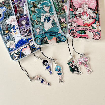 Japanese Cartoon Sailor Moon Phone Case with Strap Comic Version | Laser Glass Window Sailor Uranus Neptune Pluto Saturn Chibi Moon - Phone Case Samsung Galaxy S26 S25 S24 S23 S22 S21 FE Ultra Edge
